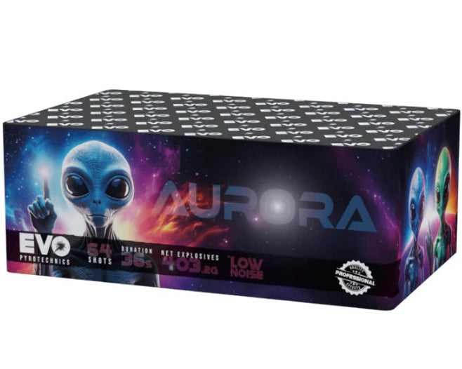 Aurora firework box with alien design on a white background